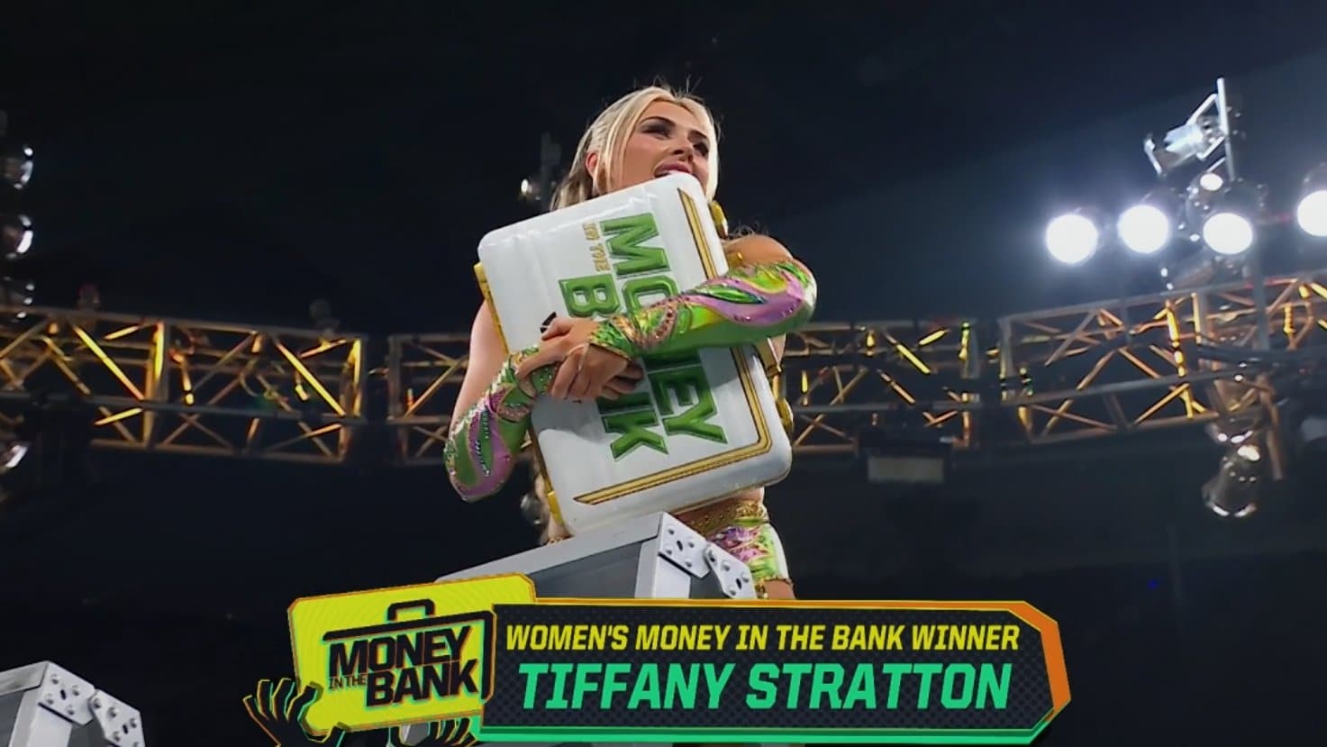 In 2024, the WWE Women’s Money in the Bank Briefcase is claimed by Tiffany Stratton.